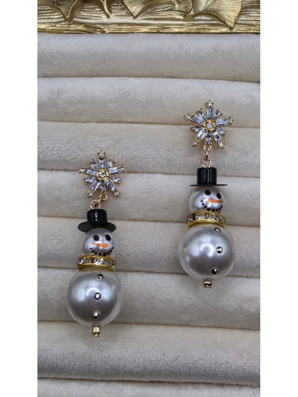 Festive Snowman Pearl Drop Earrings with Crystal Snowflake